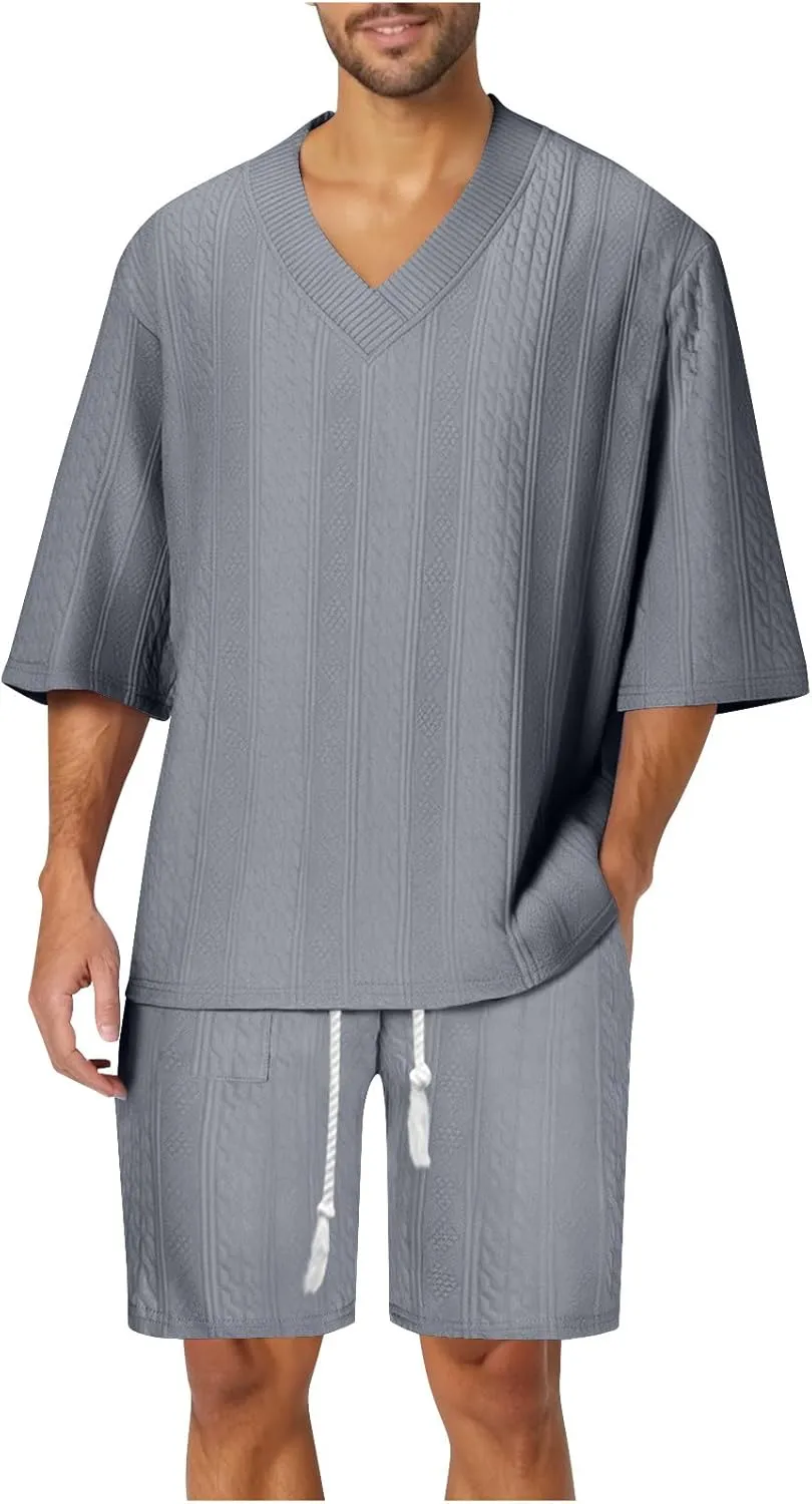 Mens Lounge Sets 2 Piece Big and Tall V Neck Short Sleeve Shirt with Shorts Set Summer Vacation Solid Texture Outfits