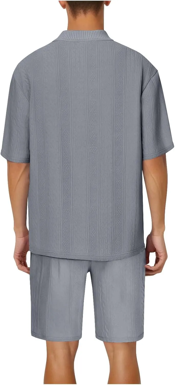 Mens Lounge Sets 2 Piece Big and Tall V Neck Short Sleeve Shirt with Shorts Set Summer Vacation Solid Texture Outfits