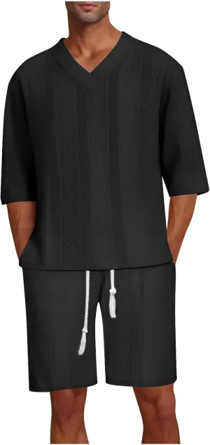 Mens Lounge Sets 2 Piece Big and Tall V Neck Short Sleeve Shirt with Shorts Set Summer Vacation Solid Texture Outfits