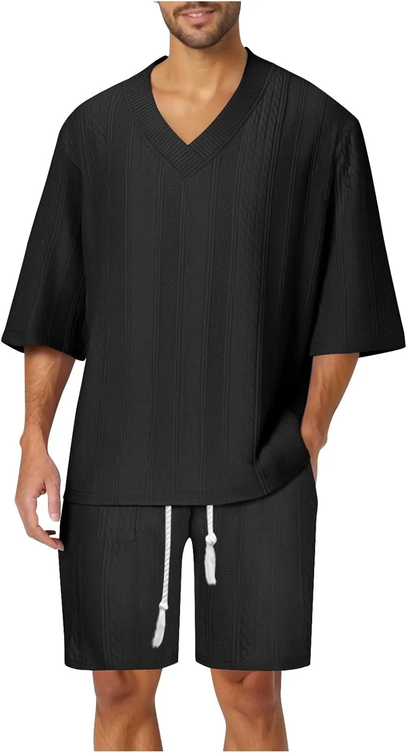 Mens Lounge Sets 2 Piece Big and Tall V Neck Short Sleeve Shirt with Shorts Set Summer Vacation Solid Texture Outfits