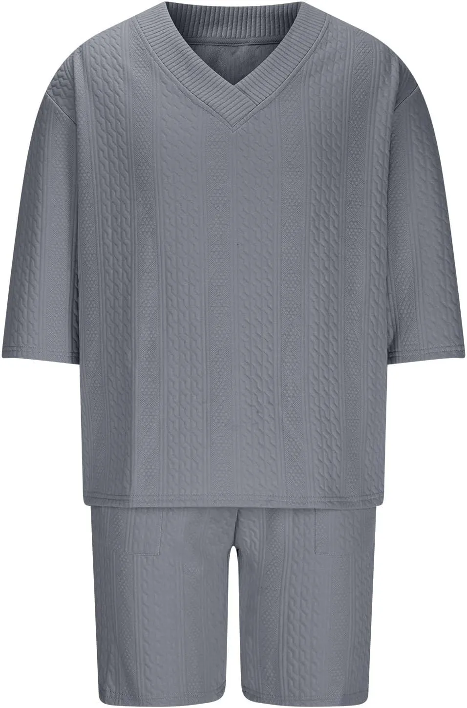 Mens Lounge Sets 2 Piece Big and Tall V Neck Short Sleeve Shirt with Shorts Set Summer Vacation Solid Texture Outfits