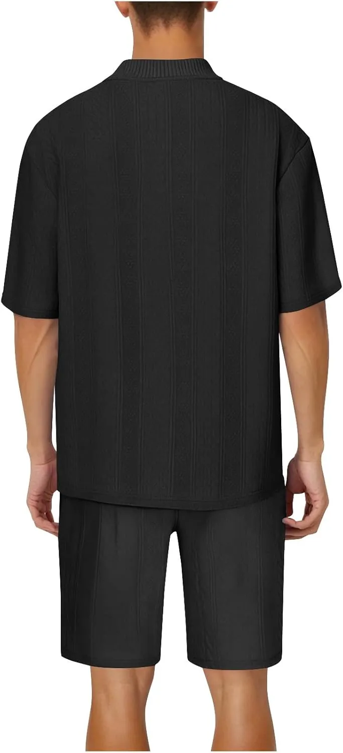 Mens Lounge Sets 2 Piece Big and Tall V Neck Short Sleeve Shirt with Shorts Set Summer Vacation Solid Texture Outfits