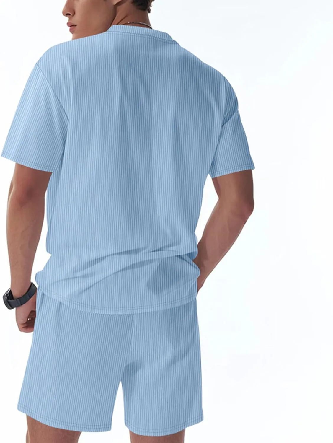 Mens Ribbed Knit Lounge Sets Summer Fashion Short Sleeve Shirts and Drawstring Shorts Set Comfy Loose Casual Outfits