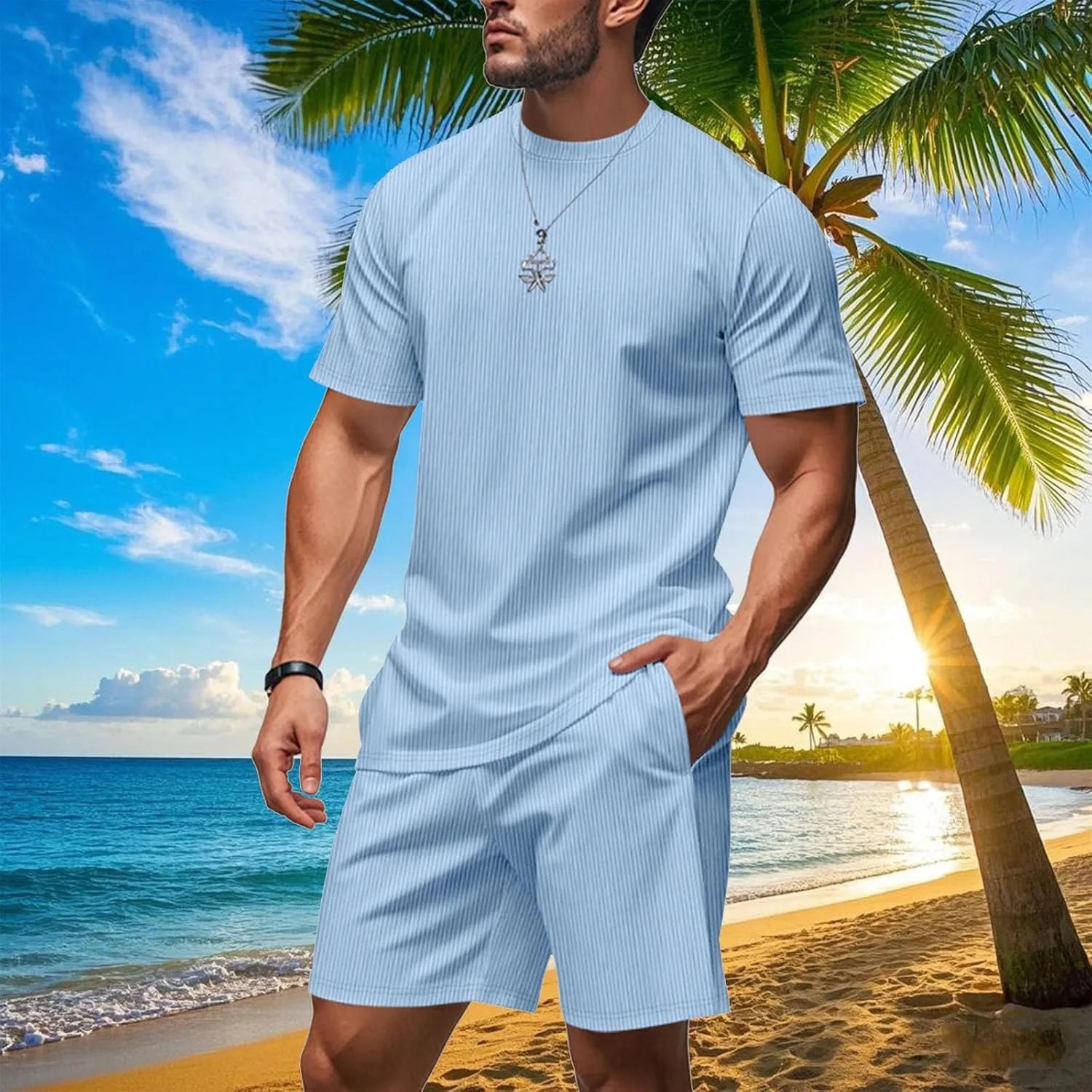 Mens Ribbed Knit Lounge Sets Summer Fashion Short Sleeve Shirts and Drawstring Shorts Set Comfy Loose Casual Outfits