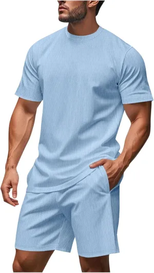Mens Ribbed Knit Lounge Sets Summer Fashion Short Sleeve Shirts and Drawstring Shorts Set Comfy Loose Casual Outfits