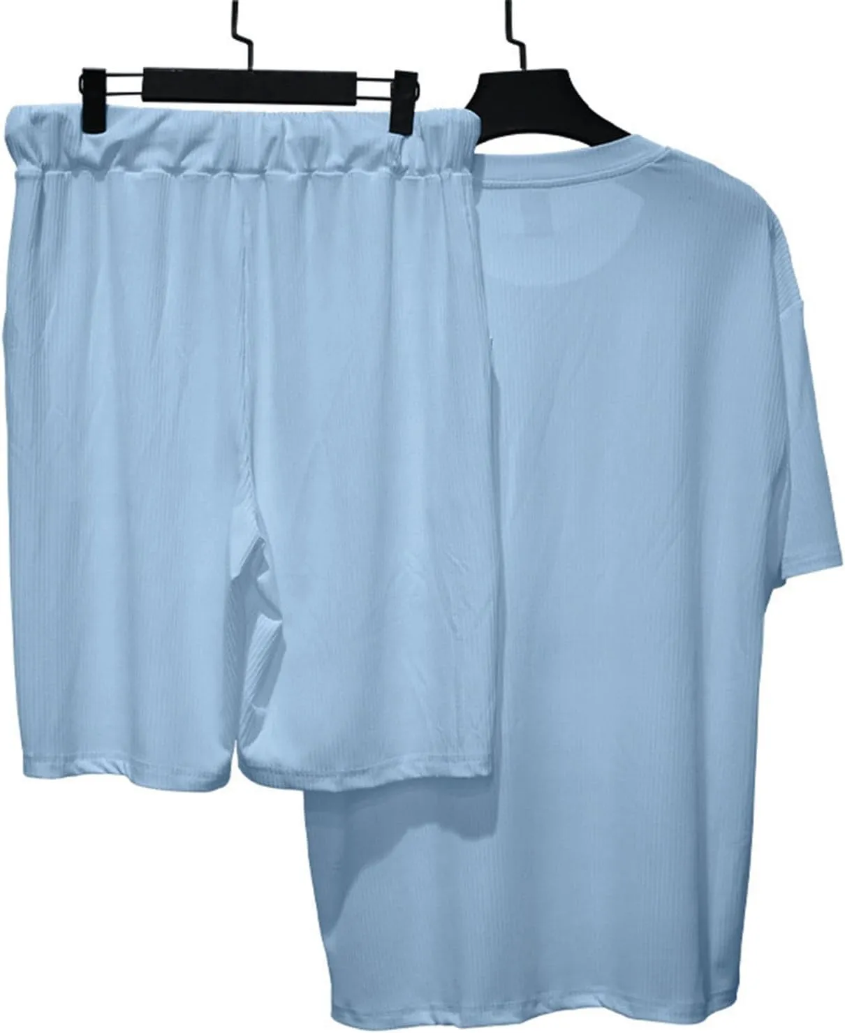 Mens Ribbed Knit Lounge Sets Summer Fashion Short Sleeve Shirts and Drawstring Shorts Set Comfy Loose Casual Outfits