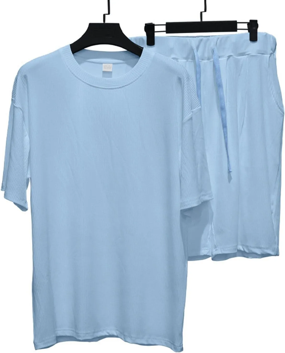 Mens Ribbed Knit Lounge Sets Summer Fashion Short Sleeve Shirts and Drawstring Shorts Set Comfy Loose Casual Outfits