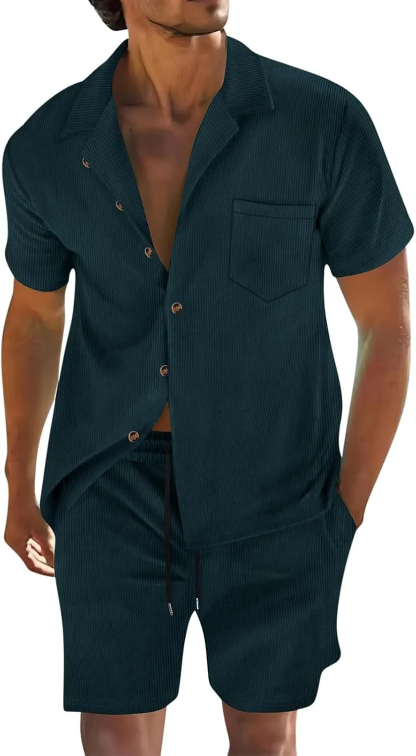 Mens Shirt Set 2 Piece Trendy Casual Summer Outfits Corduroy Short Sleeve Button up Shirt and Shorts Sets with Pocket