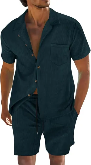 Mens Shirt Set 2 Piece Trendy Casual Summer Outfits Corduroy Short Sleeve Button up Shirt and Shorts Sets with Pocket