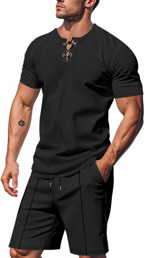Mens Short Sets 2 Piece Beach Vacation Outfits Casual Summer Jogging Tracksuits Matching Henley Shirt and Shorts Sets