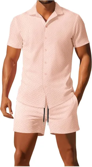 Men's Short Sets 2 Piece Beach Vacation Outfits Summer Casual Going out Matching Button down Shirts with Shorts Sets