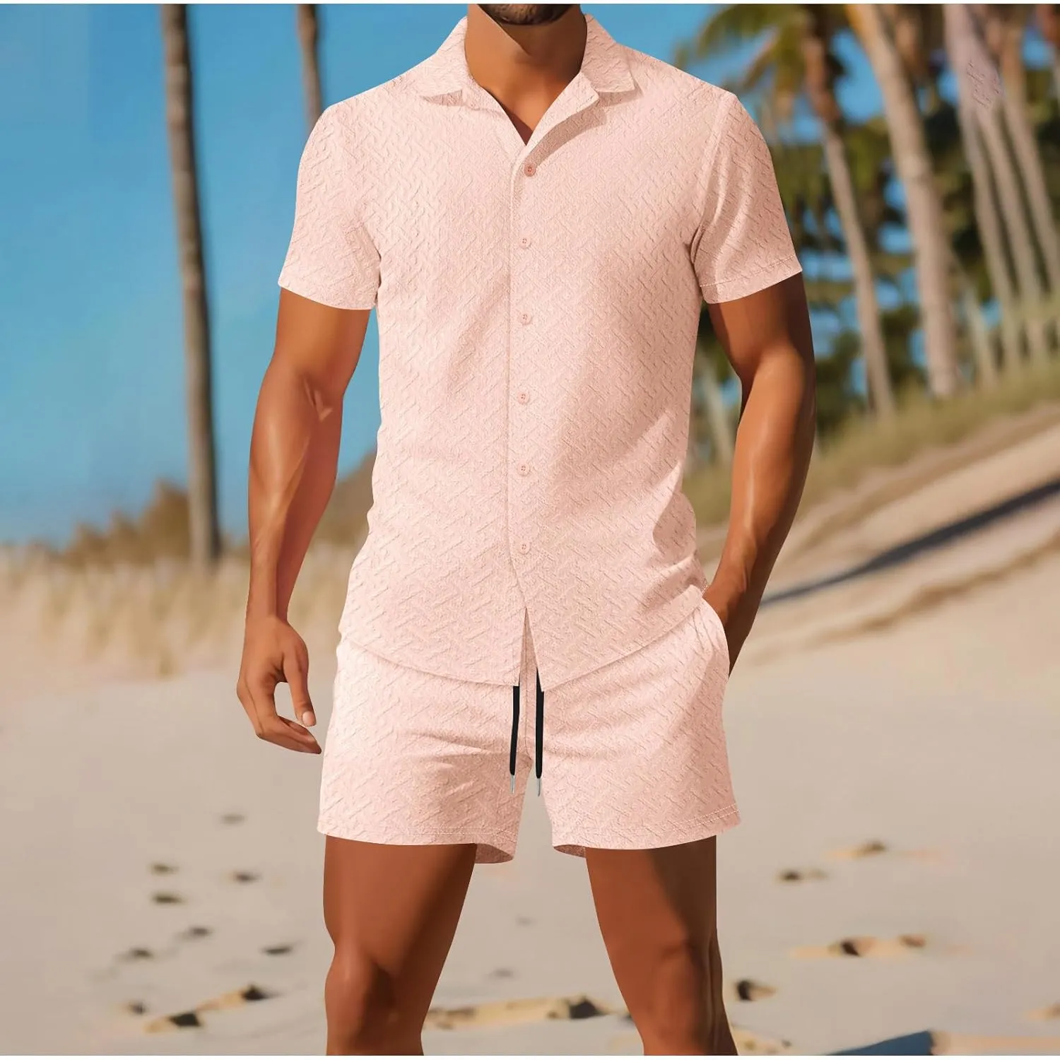 Men's Short Sets 2 Piece Beach Vacation Outfits Summer Casual Going out Matching Button down Shirts with Shorts Sets