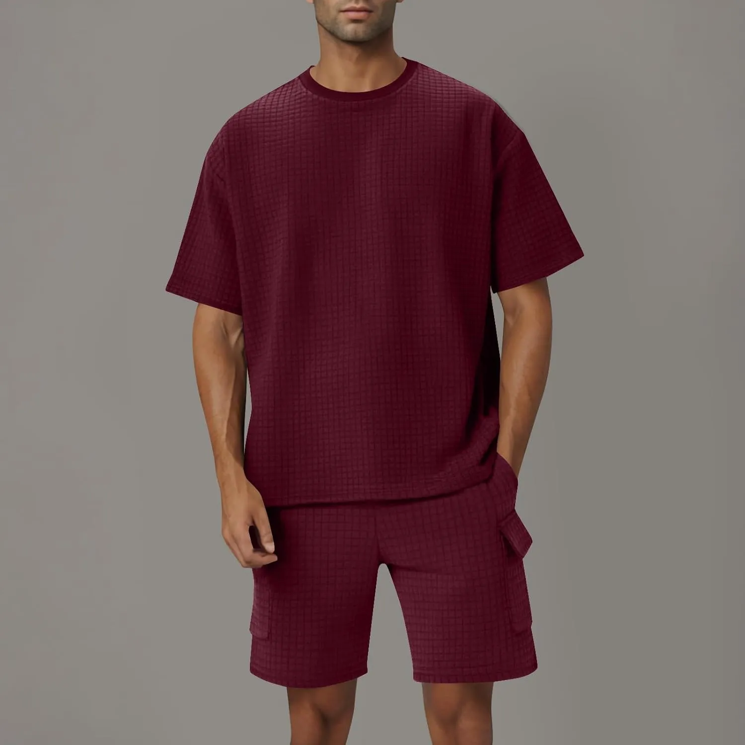 Mens Shorts Set 2 Piece Outfits Texture Solid Crewneck Shirt with Shorts Lounge Set Lightweight Tracksuit with Pocket
