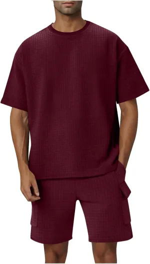 Mens Shorts Set 2 Piece Outfits Texture Solid Crewneck Shirt with Shorts Lounge Set Lightweight Tracksuit with Pocket