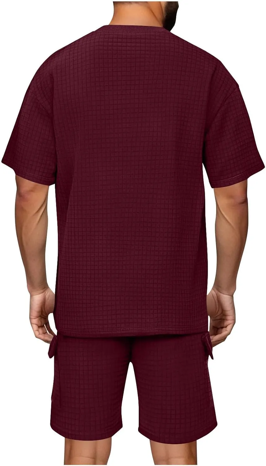 Mens Shorts Set 2 Piece Outfits Texture Solid Crewneck Shirt with Shorts Lounge Set Lightweight Tracksuit with Pocket