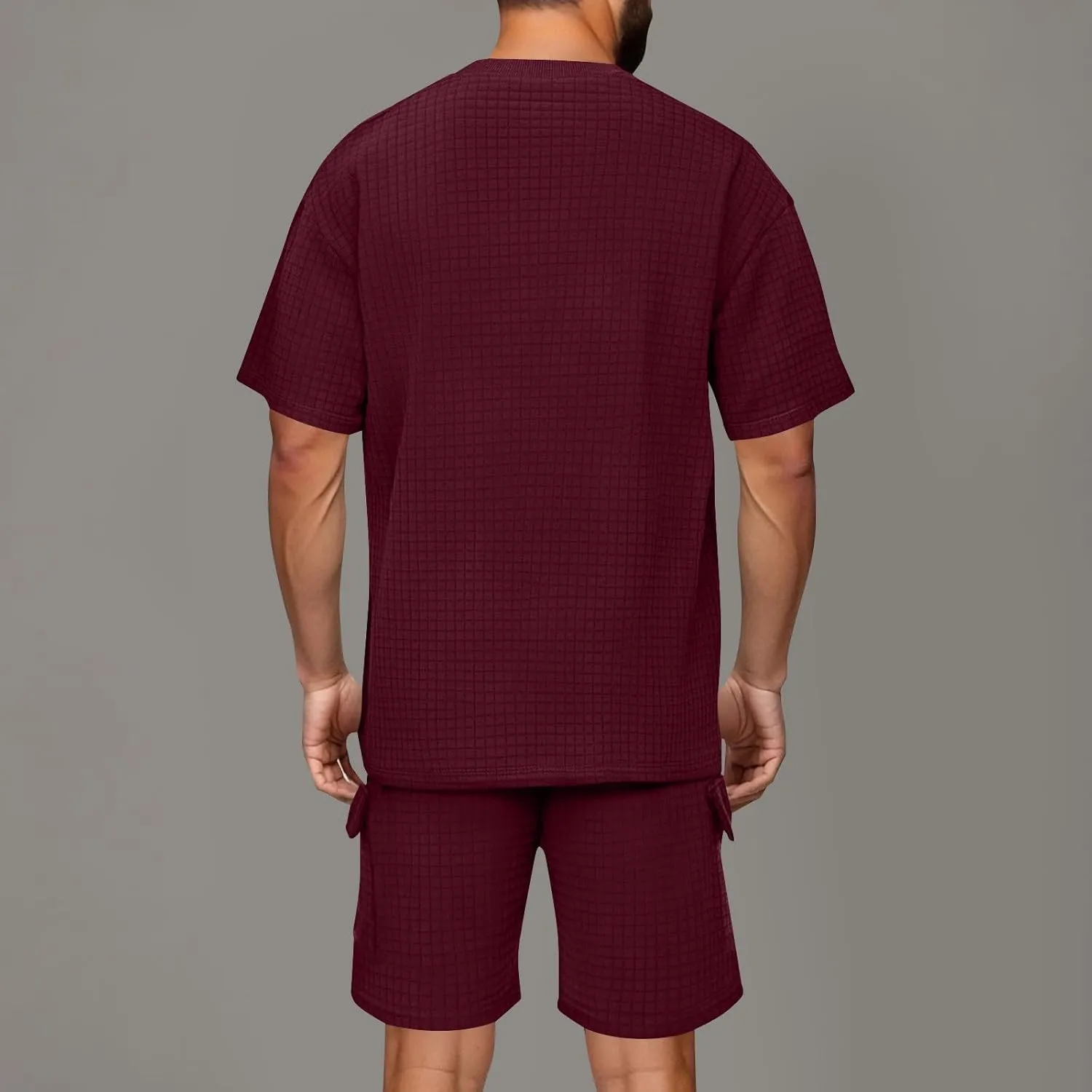 Mens Shorts Set 2 Piece Outfits Texture Solid Crewneck Shirt with Shorts Lounge Set Lightweight Tracksuit with Pocket