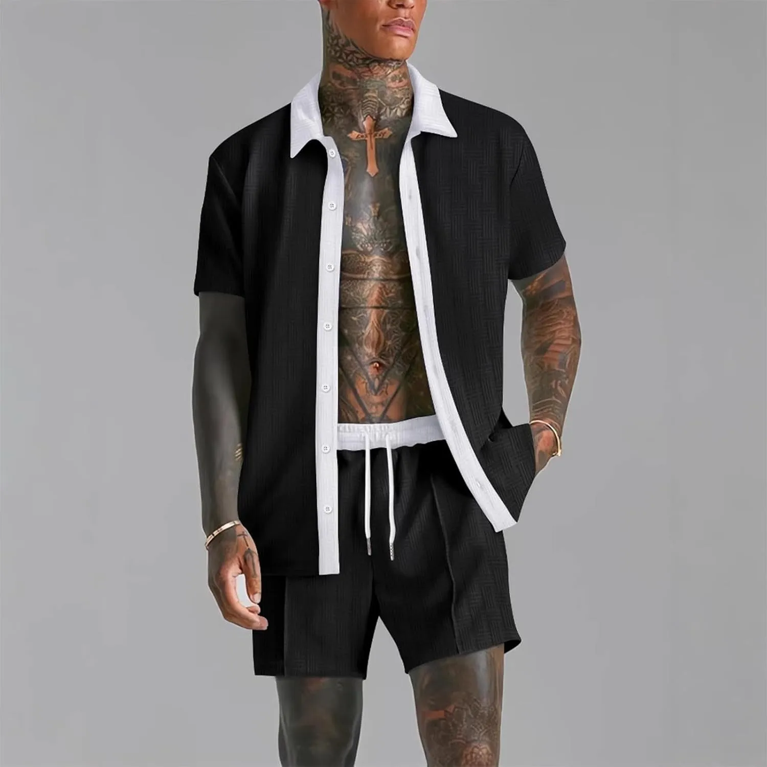 Mens Summer Beach Outfits 2 Piece Short Sleeve Button down Shirts Shorts Fashion Casual Vacation Texture Sets for Men