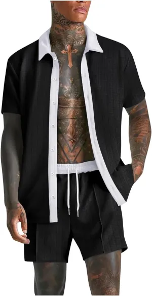 Mens Summer Beach Outfits 2 Piece Short Sleeve Button down Shirts Shorts Fashion Casual Vacation Texture Sets for Men