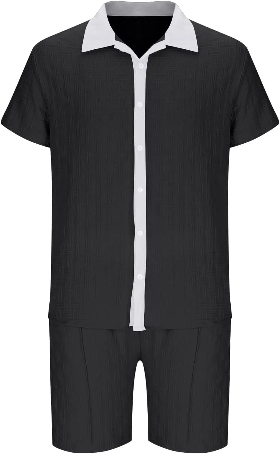 Mens Summer Beach Outfits 2 Piece Short Sleeve Button down Shirts Shorts Fashion Casual Vacation Texture Sets for Men