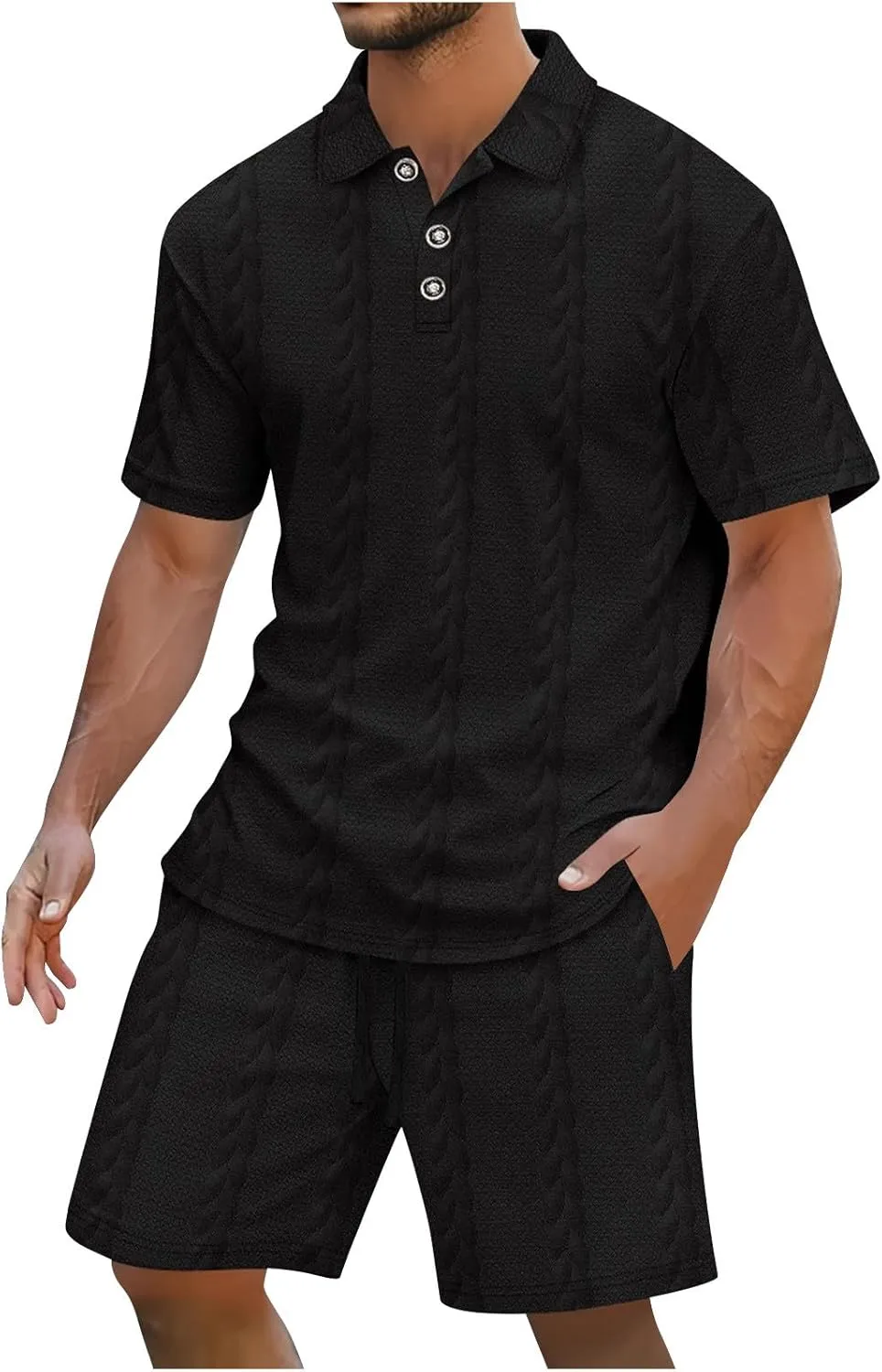 Mens Summer Lounge Sets 2 Piece Outfits Solid Texture Short Sleeve Polos Shirts Shorts Sets Casual Outdoor Streetwear