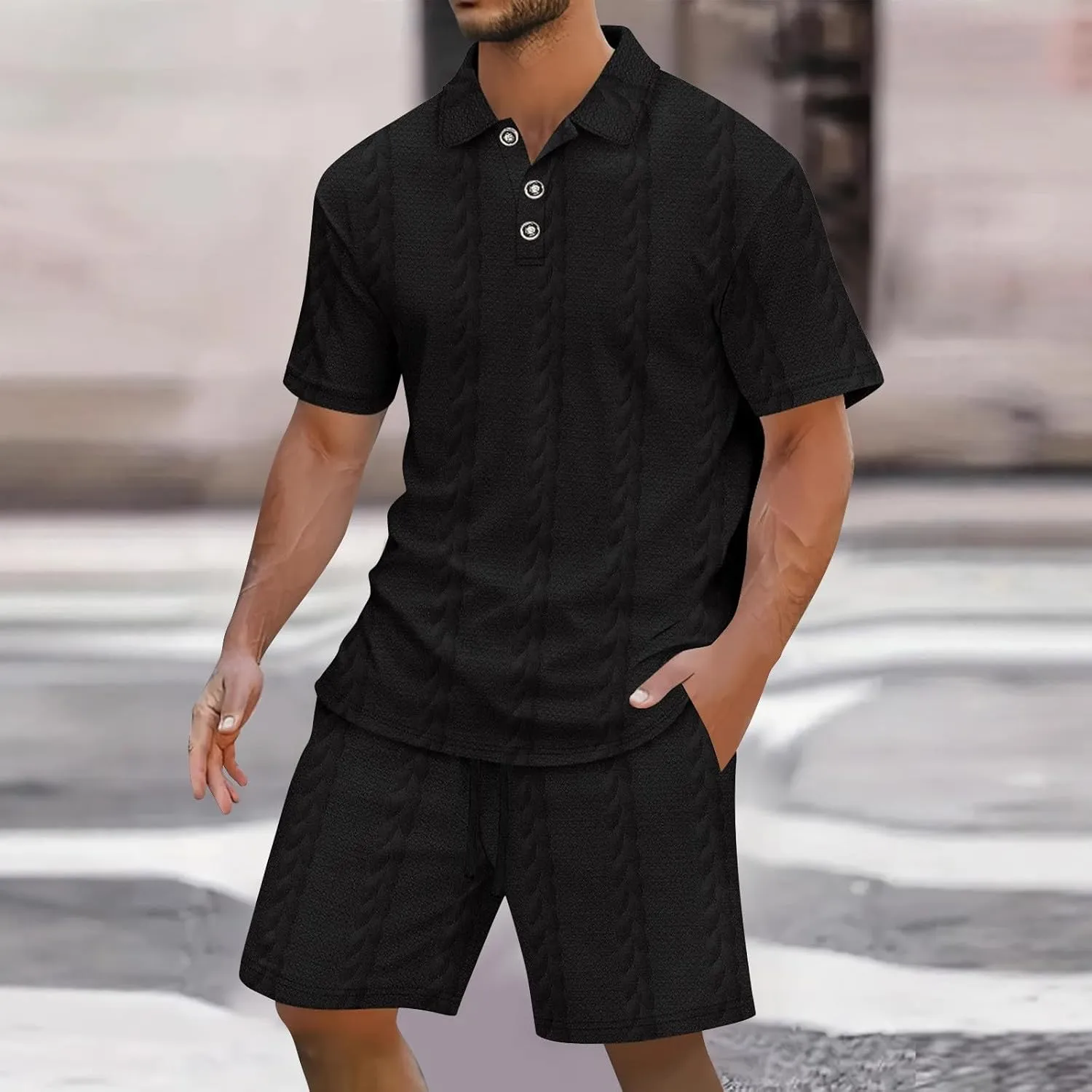 Mens Summer Lounge Sets 2 Piece Outfits Solid Texture Short Sleeve Polos Shirts Shorts Sets Casual Outdoor Streetwear