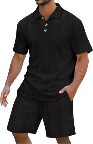 Mens Summer Lounge Sets 2 Piece Outfits Solid Texture Short Sleeve Polos Shirts Shorts Sets Casual Outdoor Streetwear