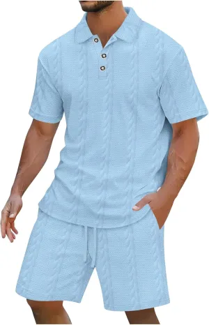 Mens Summer Lounge Sets 2 Piece Outfits Solid Texture Short Sleeve Polos Shirts Shorts Sets Casual Outdoor Streetwear