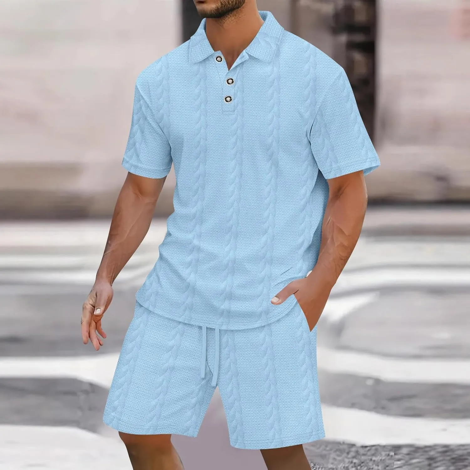 Mens Summer Lounge Sets 2 Piece Outfits Solid Texture Short Sleeve Polos Shirts Shorts Sets Casual Outdoor Streetwear