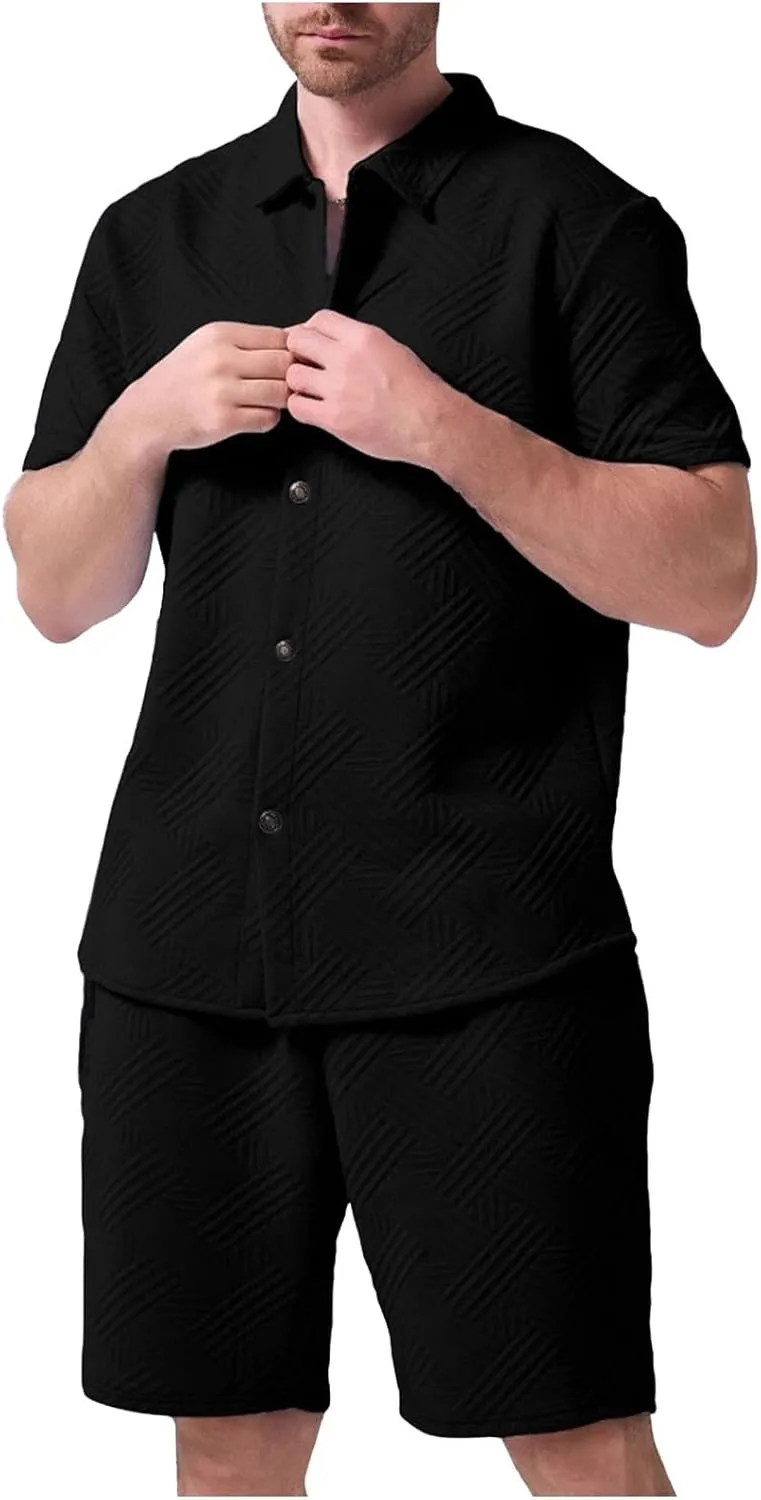 Mens Summer Two Piece Outfits Short Sleeve Button down Shirts and Shorts Sets Casual Texture Solid Beach Vacation Set