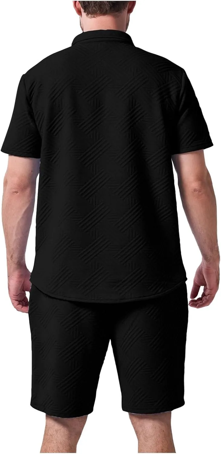 Mens Summer Two Piece Outfits Short Sleeve Button down Shirts and Shorts Sets Casual Texture Solid Beach Vacation Set