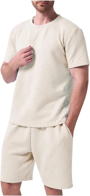 Mens Summer Two Piece Outfits Short Sleeve Shirts and Shorts Matching Sets Casual Beach Solid Texture Set Tracksuit