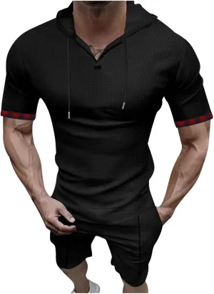 Mens Tracksuit 2 Piece Short Sleeve Hooded Athletic Shirts and Shorts Sweatsuits Sets with Pockets for Casual Running
