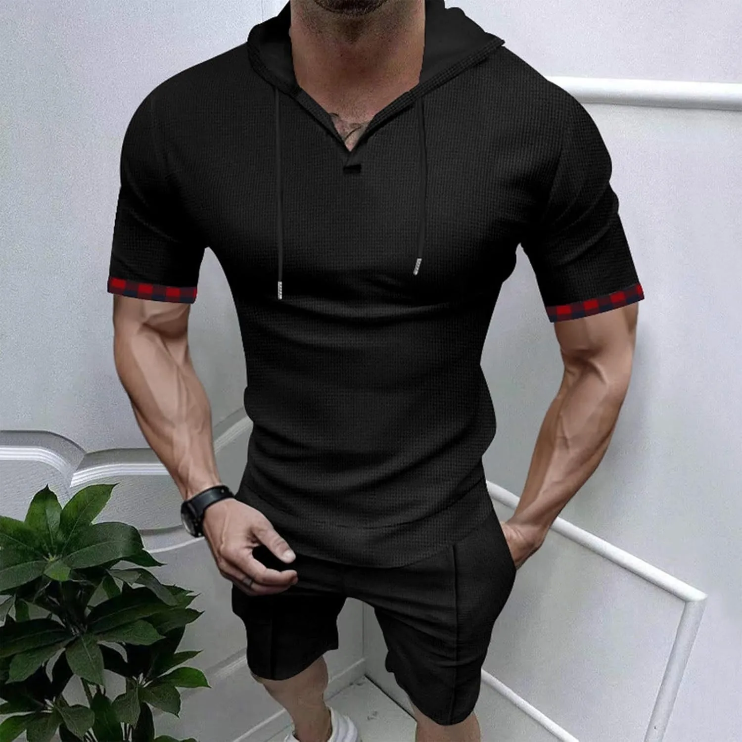 Mens Tracksuit 2 Piece Short Sleeve Hooded Athletic Shirts and Shorts Sweatsuits Sets with Pockets for Casual Running