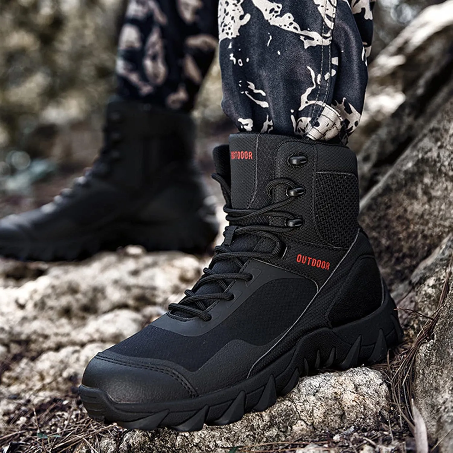 Mens Walking Boots Water Resistant High Top Hiking Trekking Lace Up Trail Shoes Outdoor Sport Black-EU39/US7