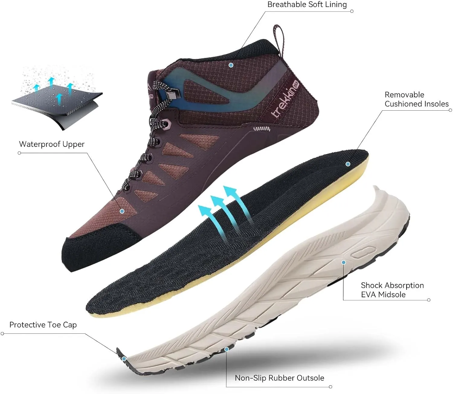 Men's Waterproof Walking Shoes Lightweight Water Resistant Sneakers Cushion Sole Boots for Work All Day Trekking Ankle High Camping Trails Hiking Boot