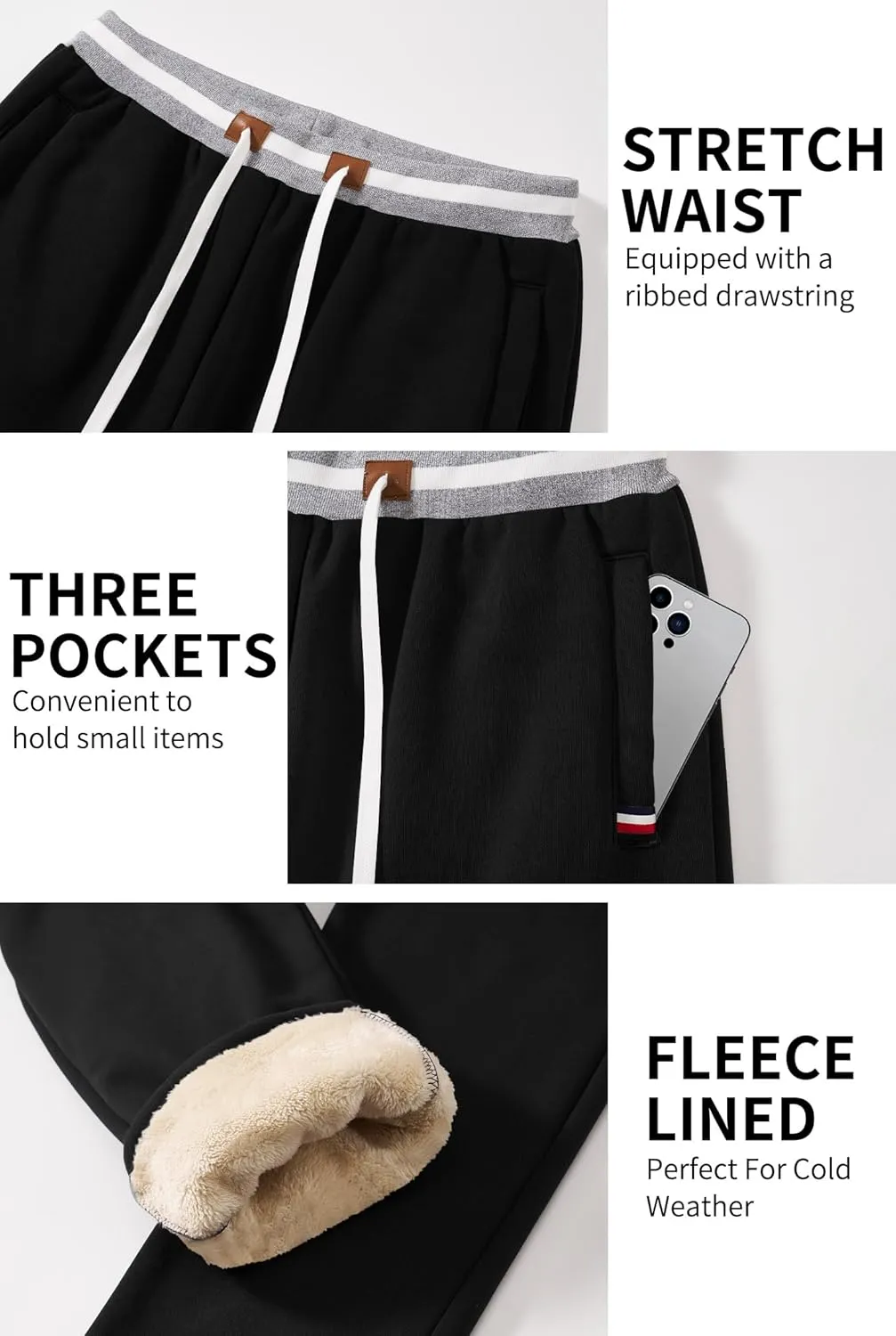 Mens Winter Fleece Joggers Sherpa Lined Sweatpants Active Running Pants Open Bottom (S-XXL)
