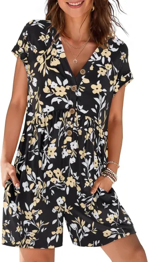 MEROKEETY Women's Summer Cap Sleeve Jumpsuits 2025 Casual V Neck Button Short Romper with Pockets