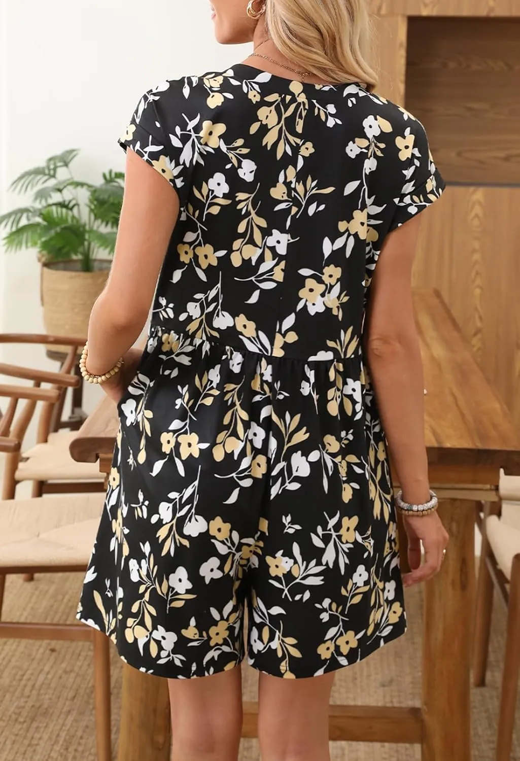 MEROKEETY Women's Summer Cap Sleeve Jumpsuits 2025 Casual V Neck Button Short Romper with Pockets
