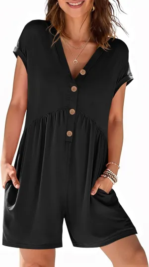 MEROKEETY Women's Summer Cap Sleeve Jumpsuits 2025 Casual V Neck Button Short Romper with Pockets