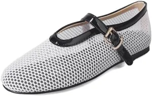 Mesh Ballet Flats for Women Black Comfortable Ballerina Buckle Strap Flats Ladies Fishnet Casual Elegant Mary Jane Dress Shoes