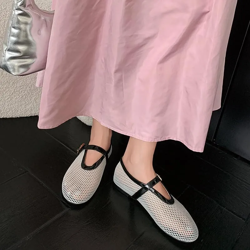Mesh Ballet Flats for Women Black Comfortable Ballerina Buckle Strap Flats Ladies Fishnet Casual Elegant Mary Jane Dress Shoes