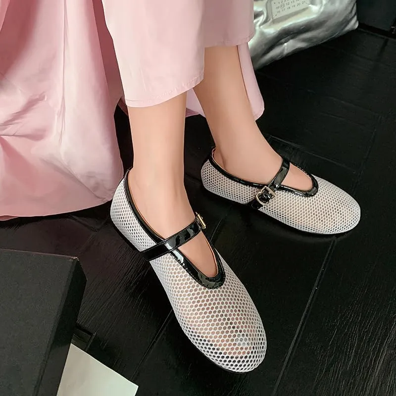Mesh Ballet Flats for Women Black Comfortable Ballerina Buckle Strap Flats Ladies Fishnet Casual Elegant Mary Jane Dress Shoes