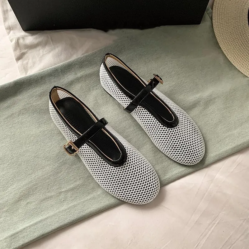 Mesh Ballet Flats for Women Black Comfortable Ballerina Buckle Strap Flats Ladies Fishnet Casual Elegant Mary Jane Dress Shoes