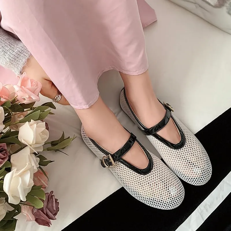 Mesh Ballet Flats for Women Black Comfortable Ballerina Buckle Strap Flats Ladies Fishnet Casual Elegant Mary Jane Dress Shoes