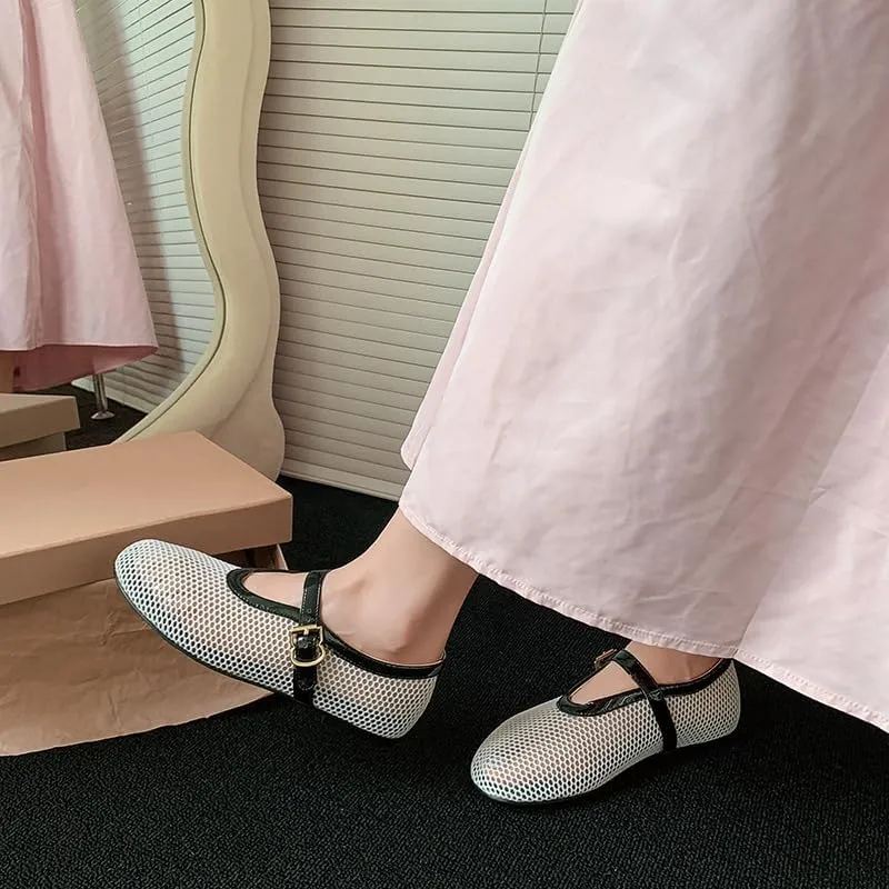 Mesh Ballet Flats for Women Black Comfortable Ballerina Buckle Strap Flats Ladies Fishnet Casual Elegant Mary Jane Dress Shoes