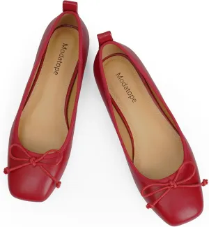 Modatope Ballet Flats with Bow Ballerina Closed Square Toe Slip on Bowknot Flats Shoes for Women Dressy