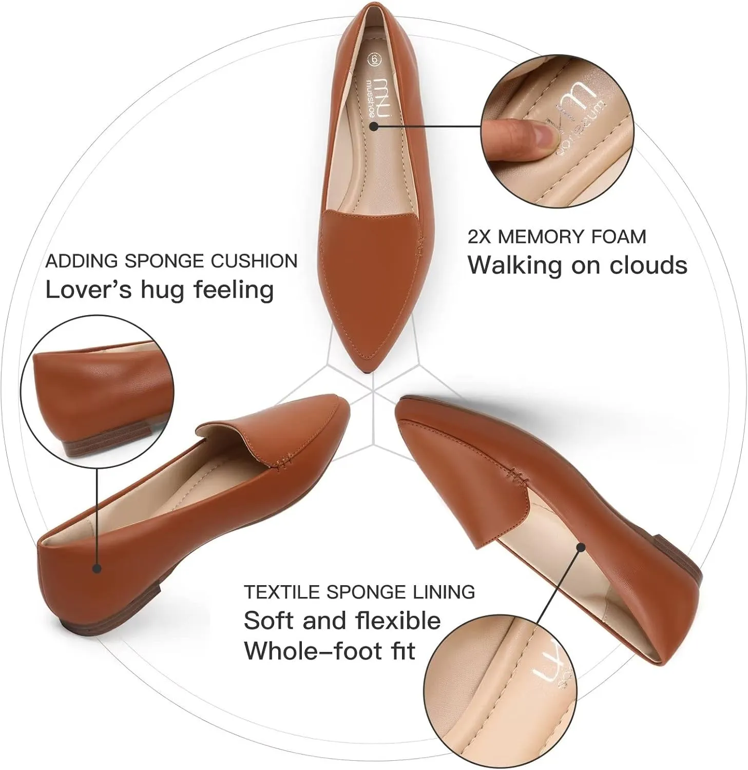 MUSSHOE Loafers for Women Comfortable Pointed Toe Memory Foam Women's Loafers