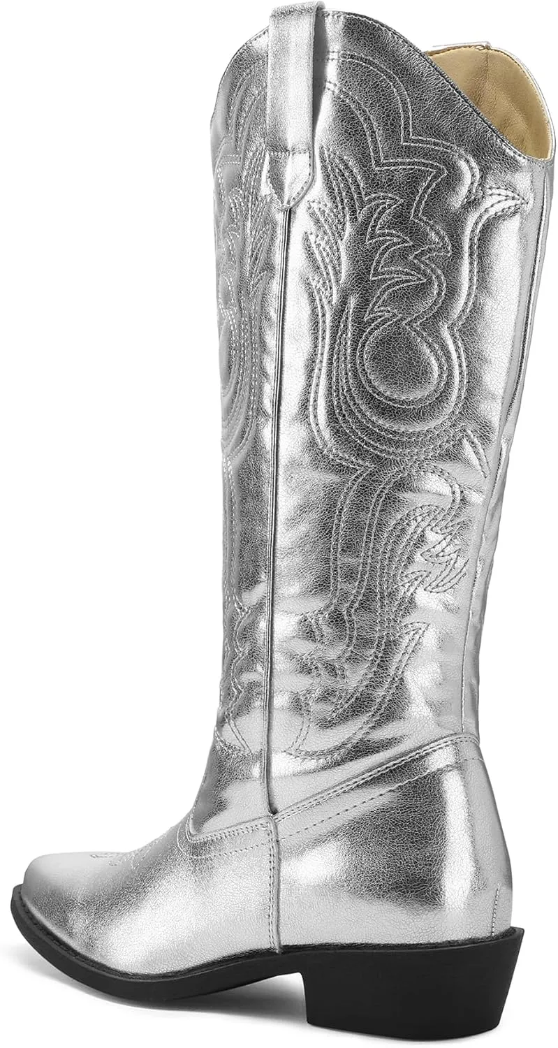 mysoft Women's Cowboy Boots Mid Calf Cowgirl Embroidered Western Pointed Toe Chunky Heel Pull On Knee High Boots