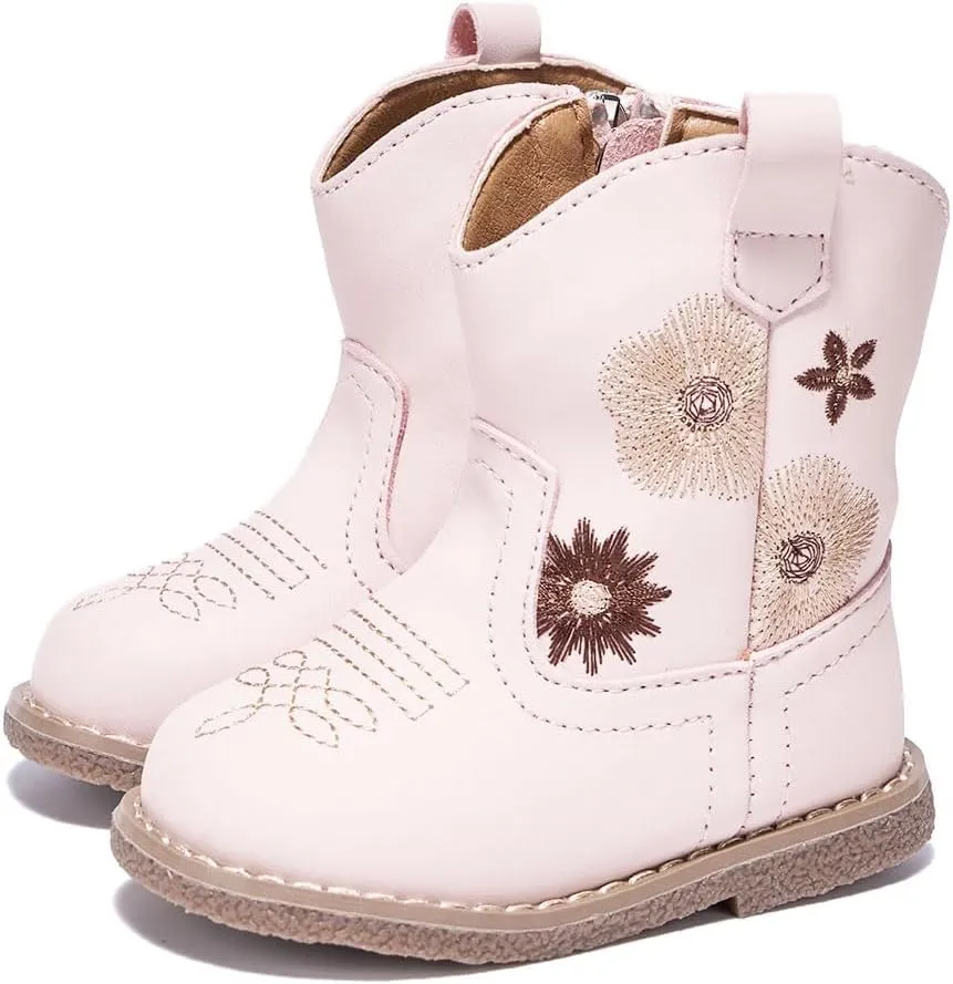 Newsonet Baby Cowboy Cowgirl Boots Western First Walker Shoes Boys Girls Round Toe Boots Winter All Seasons 6-24 Months Infant Toddler