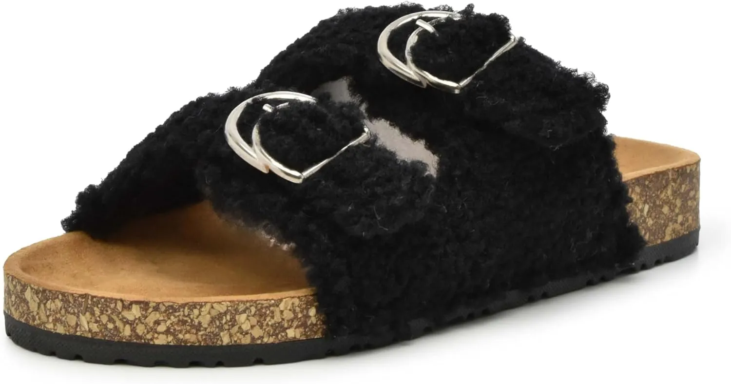 Nicole Miller Betsy Fuzzy Slide Sandals for Women- Comfortable Insole Slip-On Cork Slide Sandals with Adjustable Straps, Women's Sandals with Faux Fur